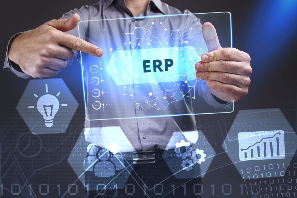 A graphic showing a person pointing towards an ERP software on their futuristic tablet